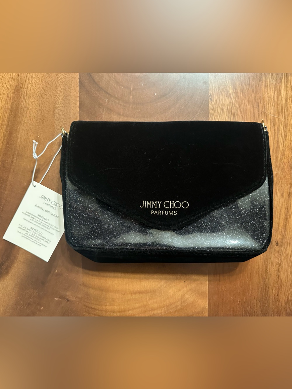 Jimmy Choo Black Glitter Crossbody Pouch with Gold Chain Charm
